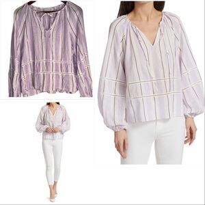 Tanya Taylor Womens M Purple & White Janey Striped Relaxed Peasant Blouse